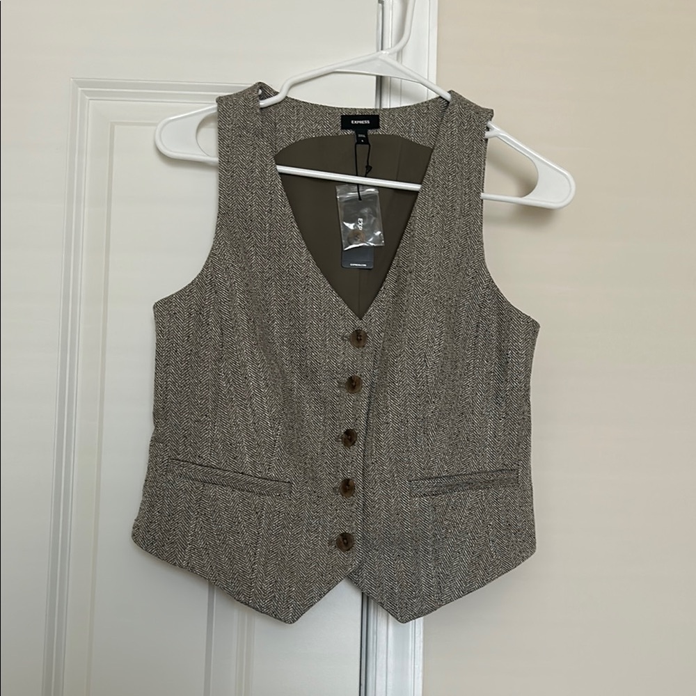 Express Editor Textured Herringbone Five Button Blazer Vest, Small